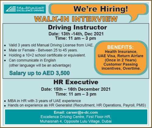 Urgently Required Driving Instructor & HR Executive For Excellence Driving Center in Dubai (UAE) | Walk In Interview
