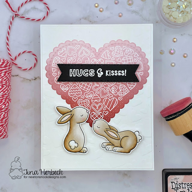 Bunny Hugs and Kisses Card by Tina Herbeck | Bitty Bunnies Stamp Set, Heartfelt Love Stamp Set, Tumbling Hearts Stencil, and Heart Frames Die Set by Newton's Nook Designs #newtonsnook