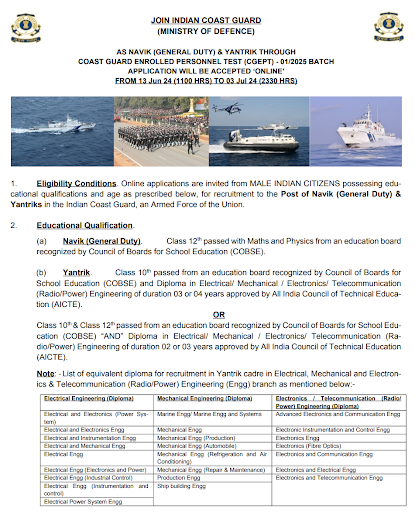 Indian Coast Guard Recruitment 2024