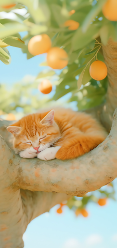 Kawaii Anime Cat in Orange Tree - Cute Mobile Wallpaper