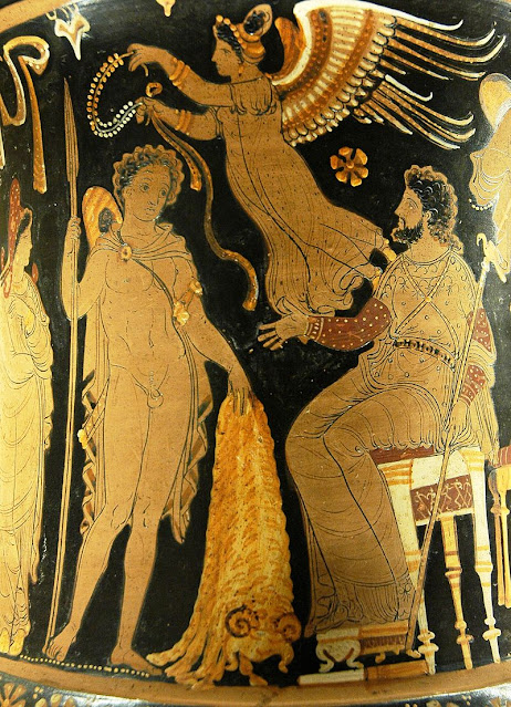 Ο Ιάσονας παραδίδει το Χρυσόμαλλο Δέρας στον Πελία. Παράσταση σε αγγείο (340 -330 π.Χ.), Λούβρο.