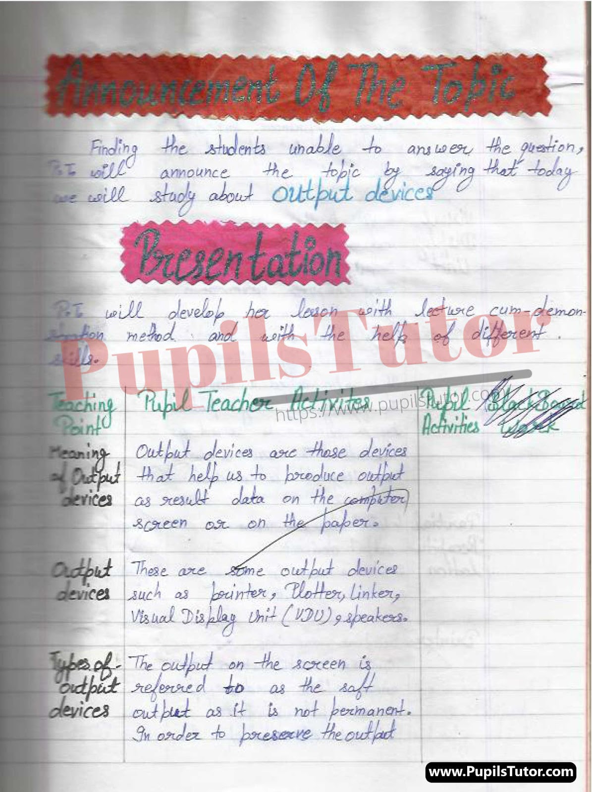 Class/Grade 6 To 9 Computer Simulated Teaching Skill Lesson Plan On Types Of Output Devices For CBSE NCERT KVS School And University College Teachers – (Page And Image Number 3) – www.pupilstutor.com