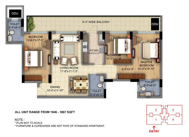 DLF Skycourt 3BHK Type 1 Floor Plan