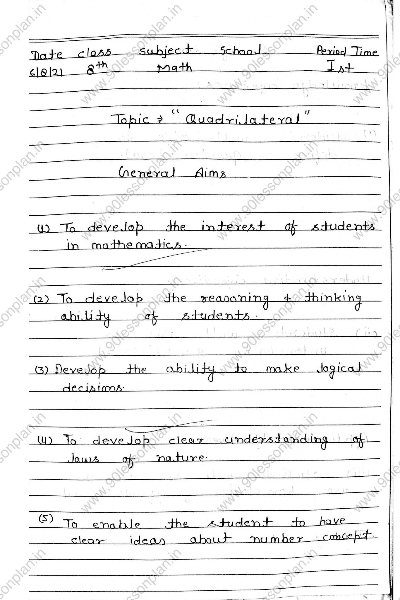 Mathematics Lesson plan on Quadrilateral