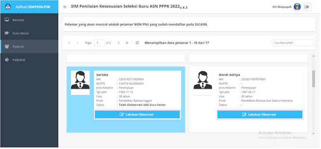 Kepala Sekolah dapat melihat data pelamar dan melakukan penilaian pada halaman Pelamar.Halaman Penilaian hanya dapat diakses pada waktu yang telah ditentukan. Untuk melakukan penilaian, Kepala Sekolah sebagai penilai harus memilih terlebih dahulu Guru yang akan dinilai. Setelah memilih Guru yang akan dinilai, Kepala Sekolah dapat memulai proses penilaian dengan menekan tombol Lakukan Observasi.