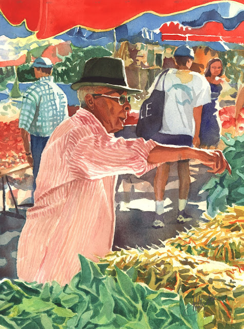 Watercolour of a creole man choosing vegetables at a sunny open-air market, "Le choix éclairé," by William Walkington