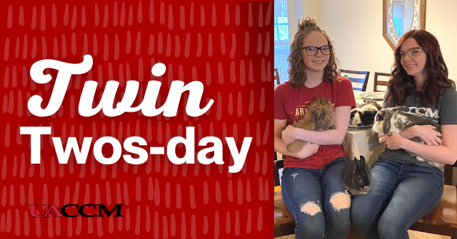 Text to the left says: "Twin Twos-day." Picture to the right, fraternal twins, Kirsten and Jennifer. Kirsten studying psychology, and her sister studying nursing here at UACCM.