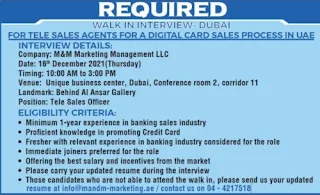 Urgent Recruitment Tele Sales Agents in Dubai For M&M Marketing Management LLC Company | Walk In Interview