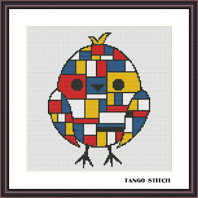 Mondrian chicken cute animals easy cross stitch pattern