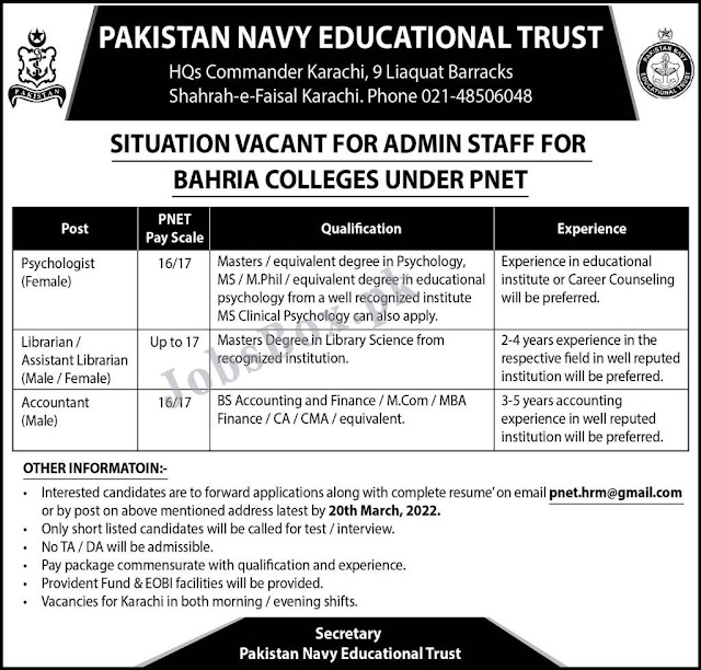 Pak Navy Educational Trust Jobs 2022 - www.joinpaknavy.gov.pk