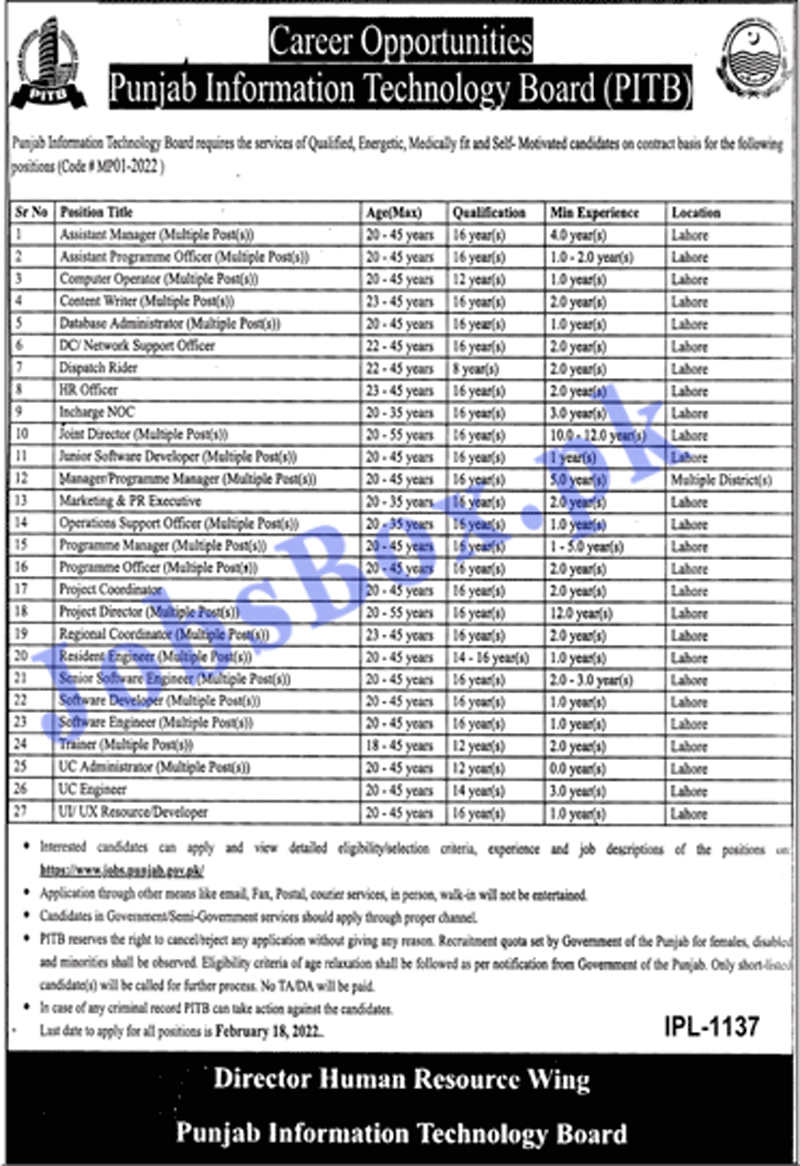 new punjab information technology board pitb new jobs 2022 online apply latest advertisment
