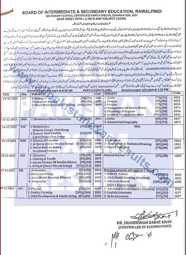 BISE Rawalpindi Date Sheet For HSSC  part 2 Special Exam 2021