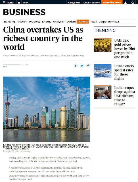 Screenshot of the Headline by the Gulf News of China surpassing the US as the richest Country in the World
