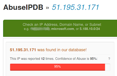 Resultado del sitio AbuseIpDB de una de las direcciones IP origen de las peticiones a pizzaseo.com