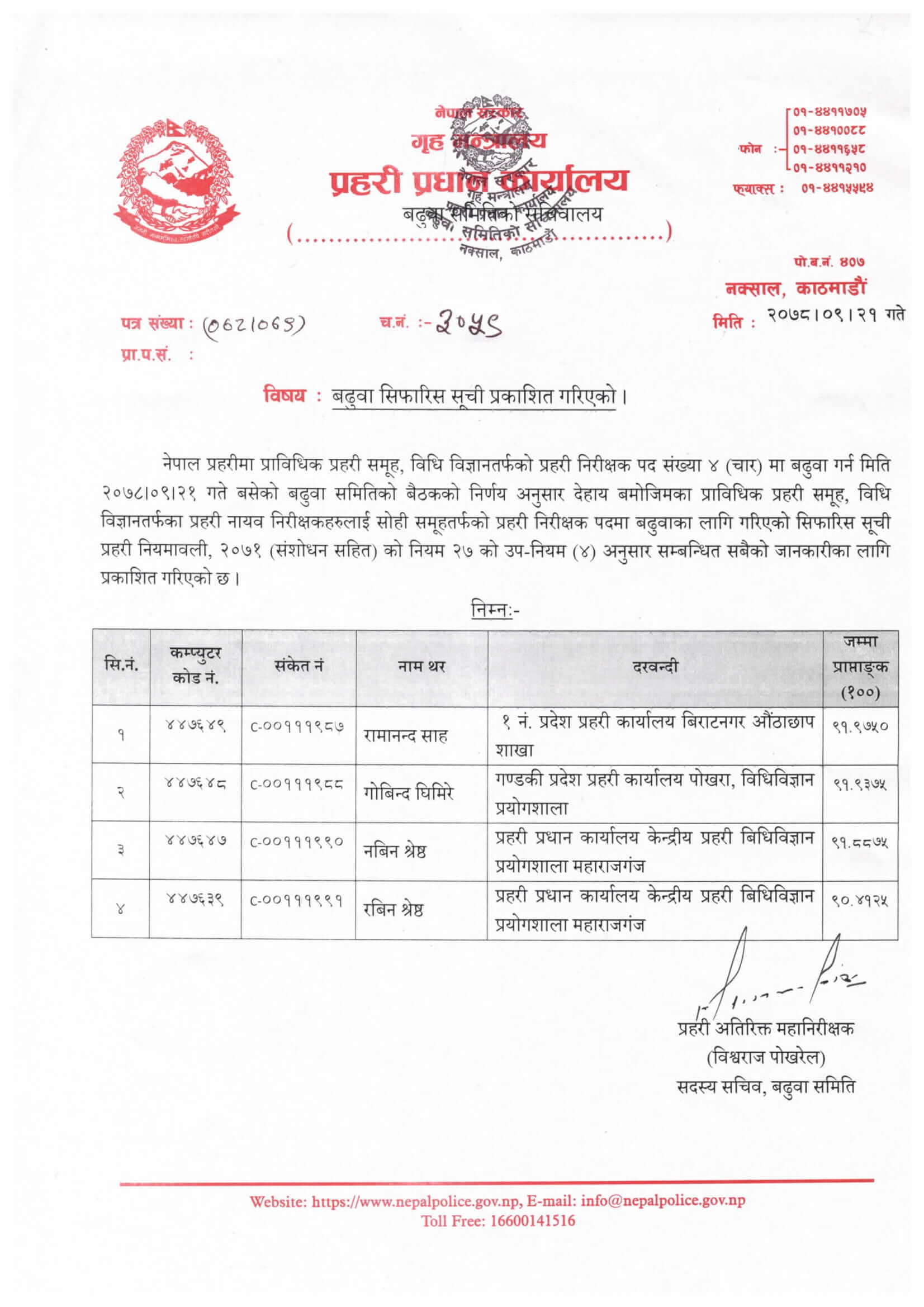 Nepal Police Technical Inspector (Bidhibigyan) Promotion Recommend List