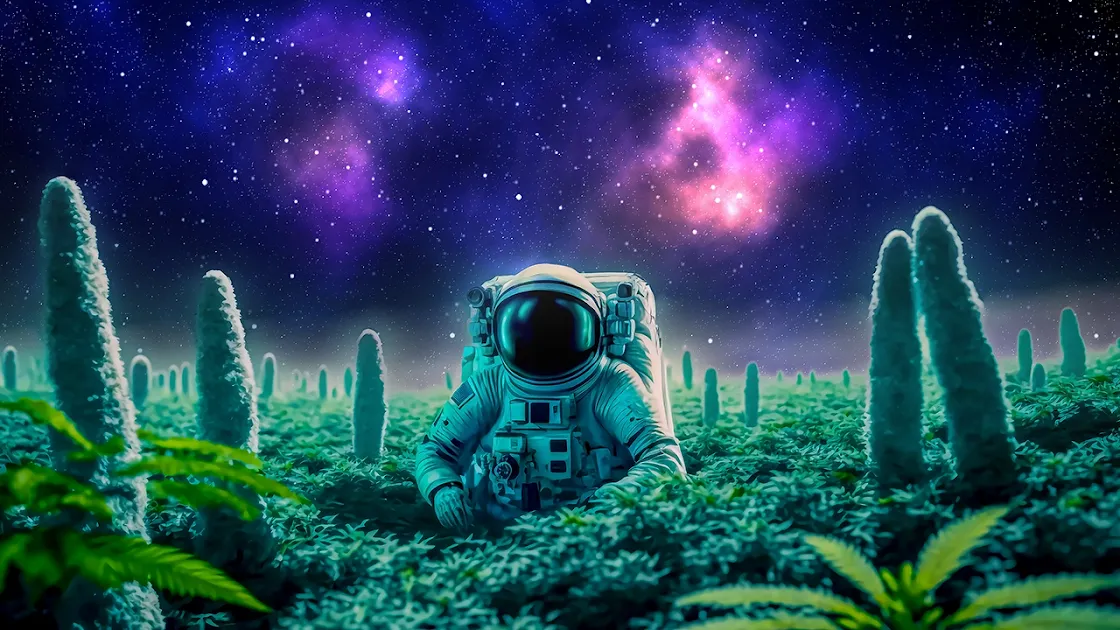 A vibrant 4K wallpaper featuring an astronaut in a lush, alien landscape with two majestic nebulae in the star-filled sky