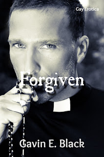 Gay Erotica bookcover for Forgiven showing a priest kissing a rosary