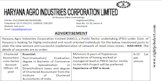 Chartered Accountant -cum-Senior Account Officer Jobs in Haryana Agro Industries Corporation Limited