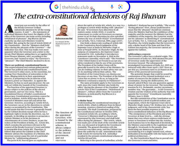 The Hindu Editorial of 31st OctoberThe extra-constitutional delusions of Raj Bhavan