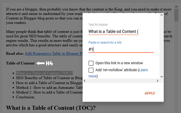 How to add a Table of Content in Blogger Manually 2