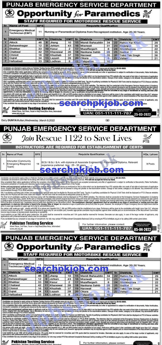 Punjab Rescue Emergency Service Jobs 2022 - www.pts.org.pk