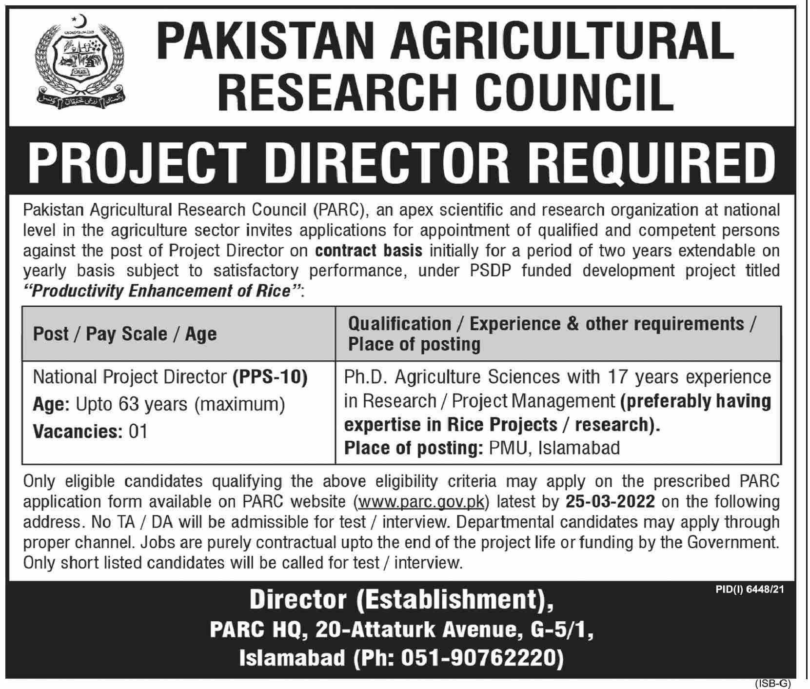 Latest Pakistan Agricultural Research Council Admin Clerical Posts Islamabad 2022