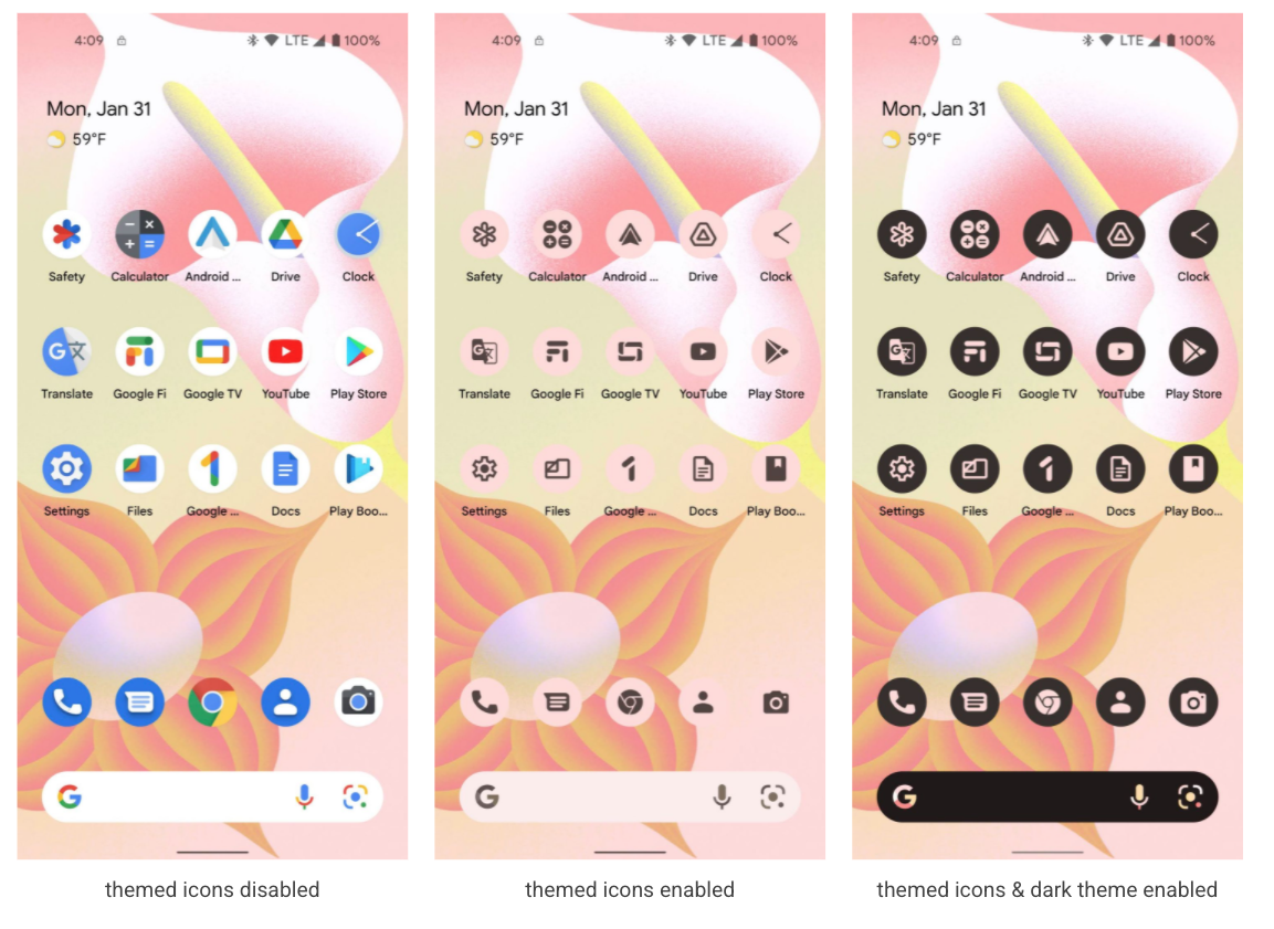 Three phone screens. The first screen has themed icons disabled. The second has themed icons enabled. And the third has themed icons & dark theme enabled