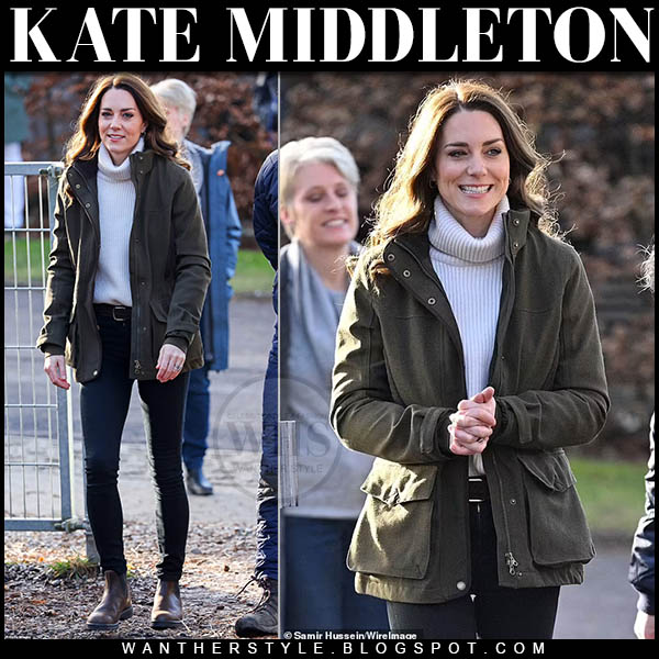 Kate Middleton in khaki green jacket, skinny jeans and white sweater