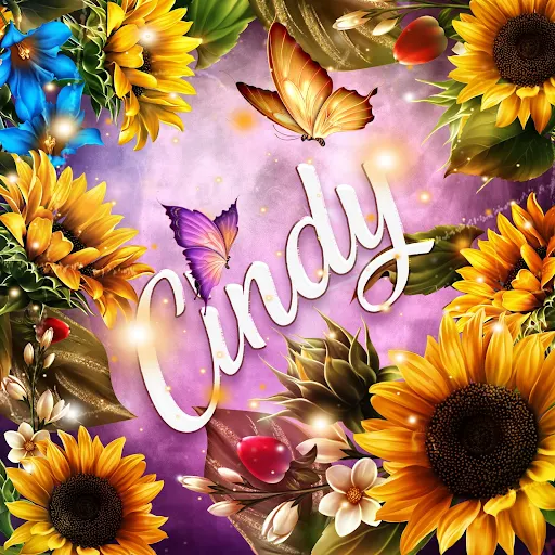 imágen con el nombre cindy con fondo de girasoles y mariposas para descargar gratis