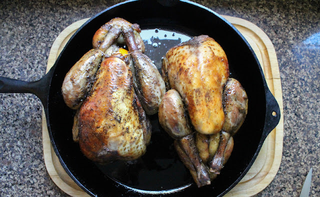 Food Lust People Love: Roasted Brace of Guinea Fowl means two guinea fowl, well spiced and stuffed with clementines, cooked by sous vide then blasted to crispy skin in a very hot oven. The perfect lip-smacking, finger-licking main course for any holiday meal!