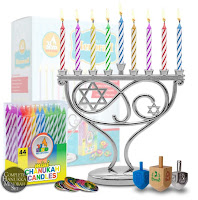 Ner Mitzvah Mini Menorah Set - Menorah, 44 Mini Candles, 3 Dreidels, Play Coins