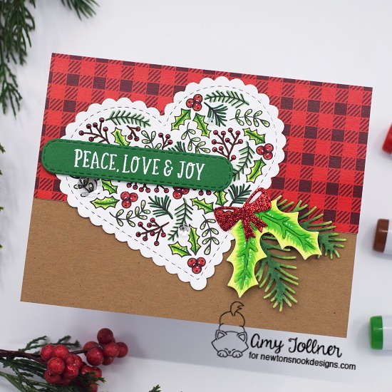 Meowy Christmas Paper Pack, Heartfelt Holidays Stamp Set, Heart Frames Die Set, Banner Trio Die Set, Pines and Holly Die Set by Newton's Nook Designs #newtonsnook #handmade