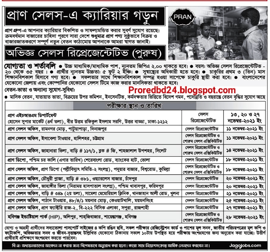 প্রাণ গ্রুপে সেলস রিপ্রেজেন্টটিভ নিয়োগ বিজ্ঞপ্তি ২০২১ | Pran  S r Job Circular | প্রাণ গ্রুপে এস আর পদে নিয়োগ বিজ্ঞপ্তি