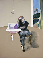 The english figurative painter Francis Bacon's self-portrait. Image is depiction of the artist next to a mirror.