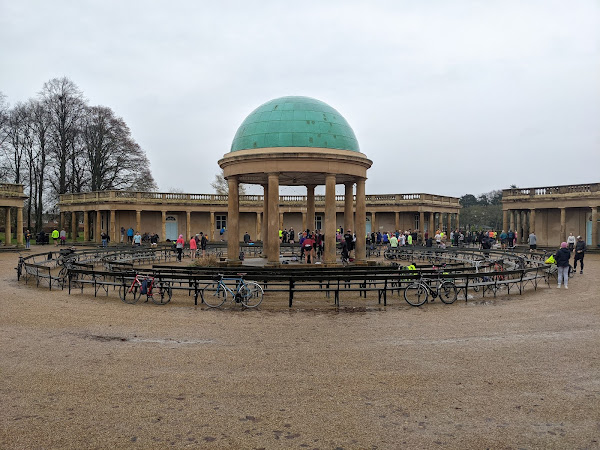 Runners recovering in the bandstand after the run