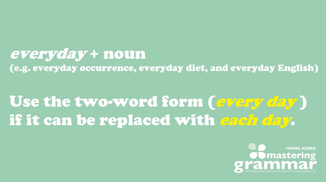 An image of text that says the one-word form 'everyday' should come before a noun—as in everyday occurrence, everyday diet, and everyday English. Use the two-word form if it can be replaced with 'each day'.