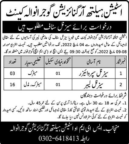 Latest Station Health Organization Management Posts Gujranwala 2022