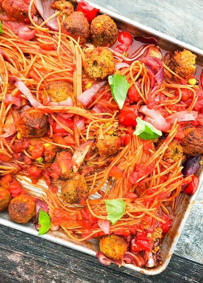 vegan spaghetti and 'meatballs in a roasting tin