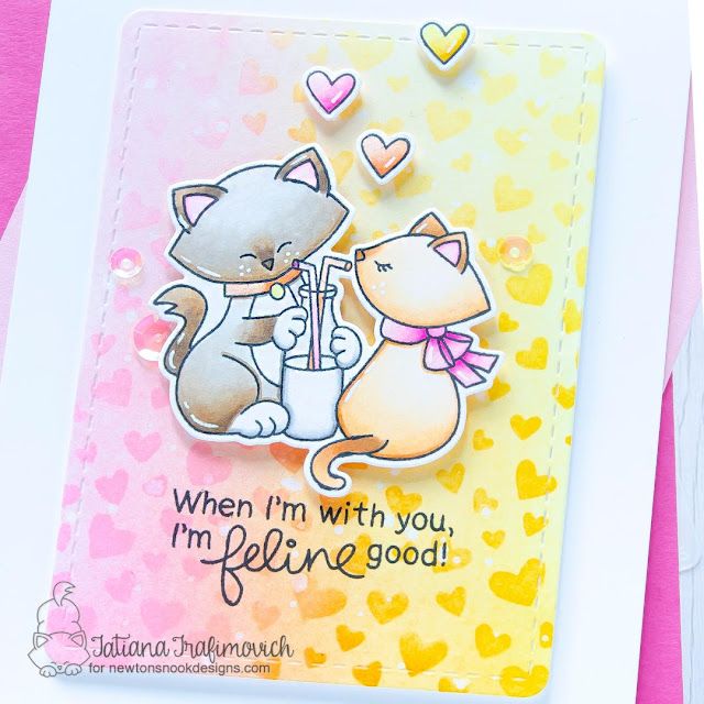 Feline Good Card by Samantha Mann | Newton's Sweetheart Stamp Set, Frames & Flags Die Set and Petite Hearts Stencil by Newton's Nook Designs #newtonsnook #handmade