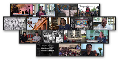 composite of images from documentary - people, buildings. One frame quotes Kerner Commission: "Our nation is moving toward two societies, one black, one white - separate and unequal."