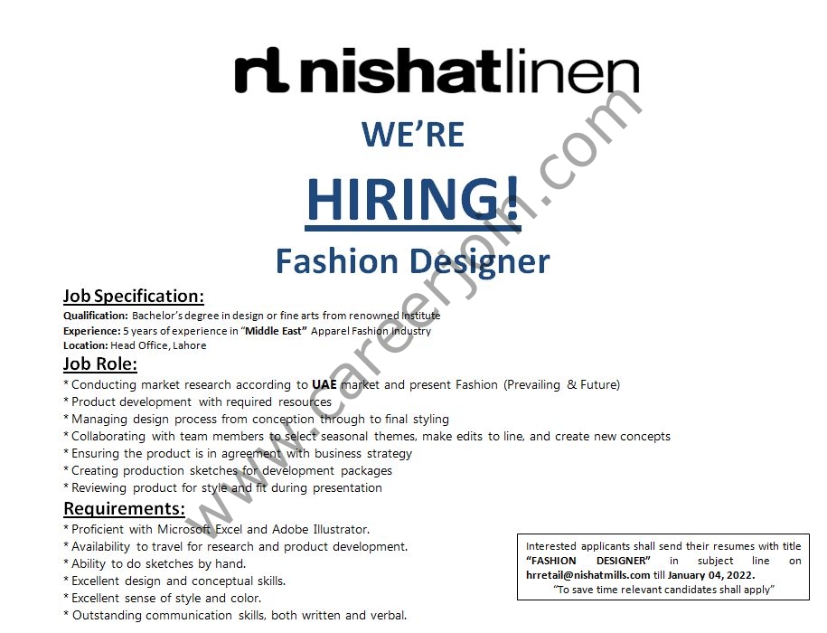 Nishat Linen NL Jobs January 2022: