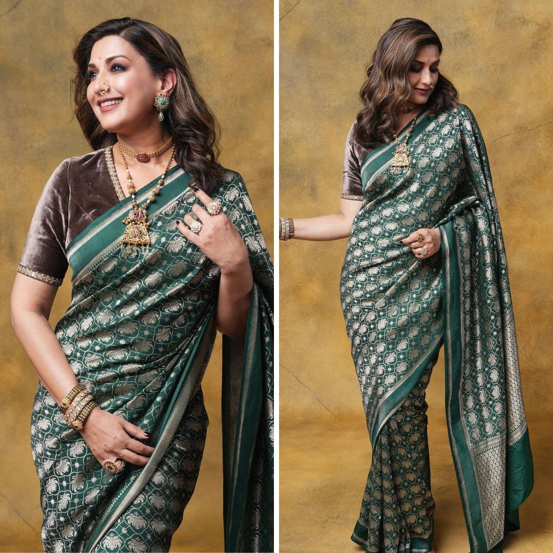 Sonali Bendre's Marathmola Saree Look: Green Banarasi Saree and Velvet Blouse Elegance