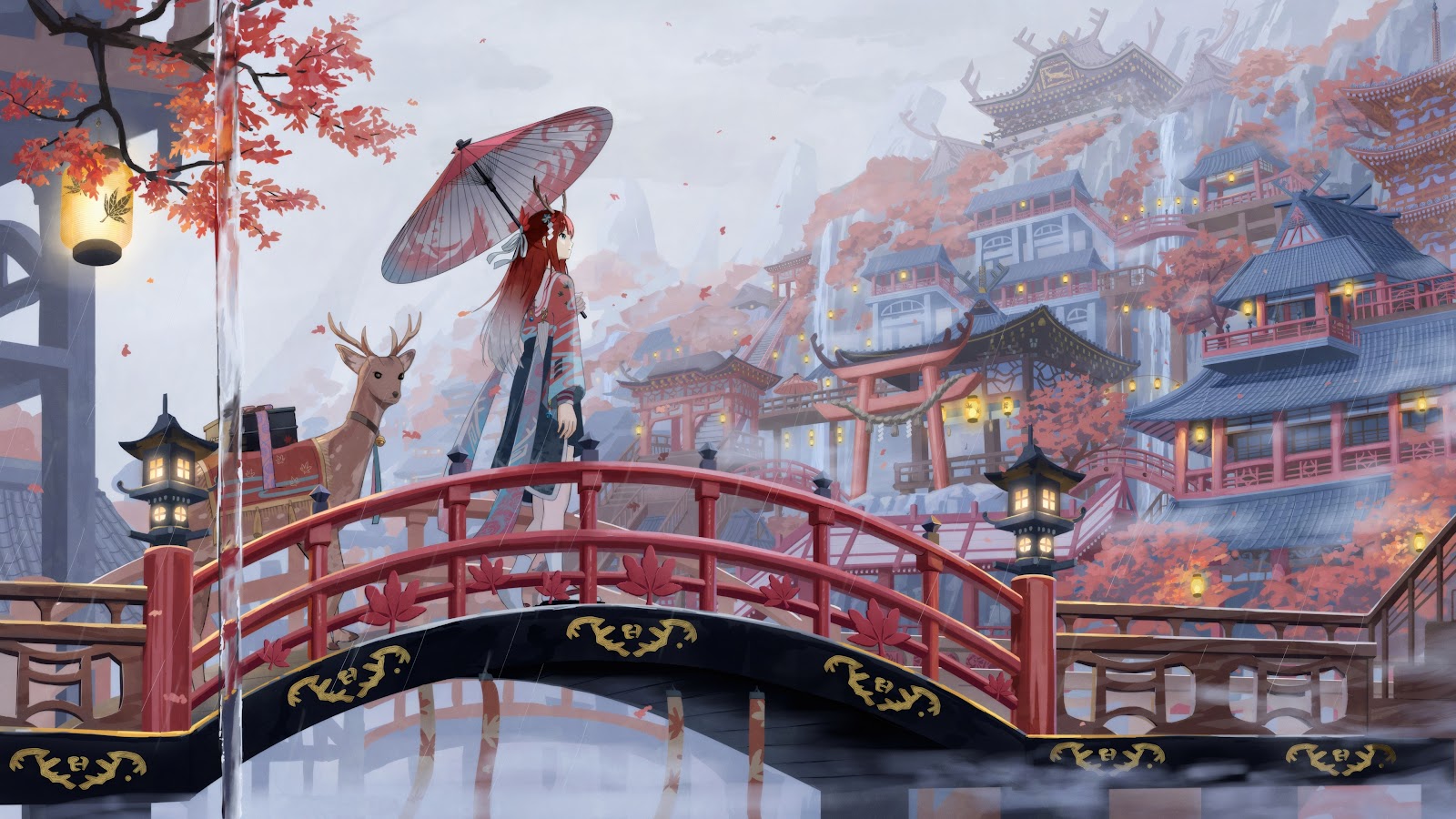 Download 4K whimsical Asian village in autumn wallpaper, featuring a woman with red hair and an umbrella walking across a red bridge with a deer, towards a misty, multi-tiered village with Asian-style architecture surrounded by autumn foliage.
