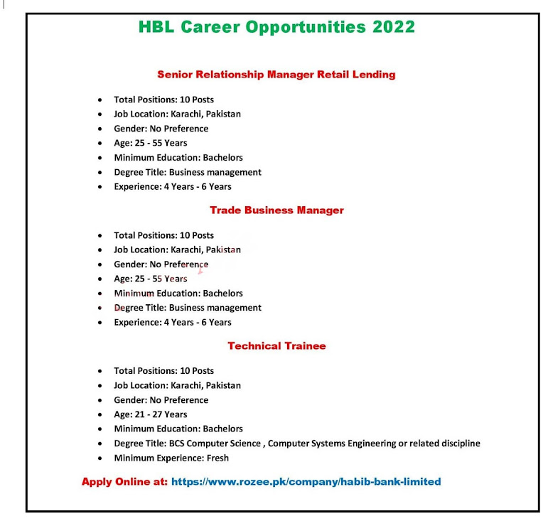 Habib Bank Limited's HBL 2022 jobs - Apply online