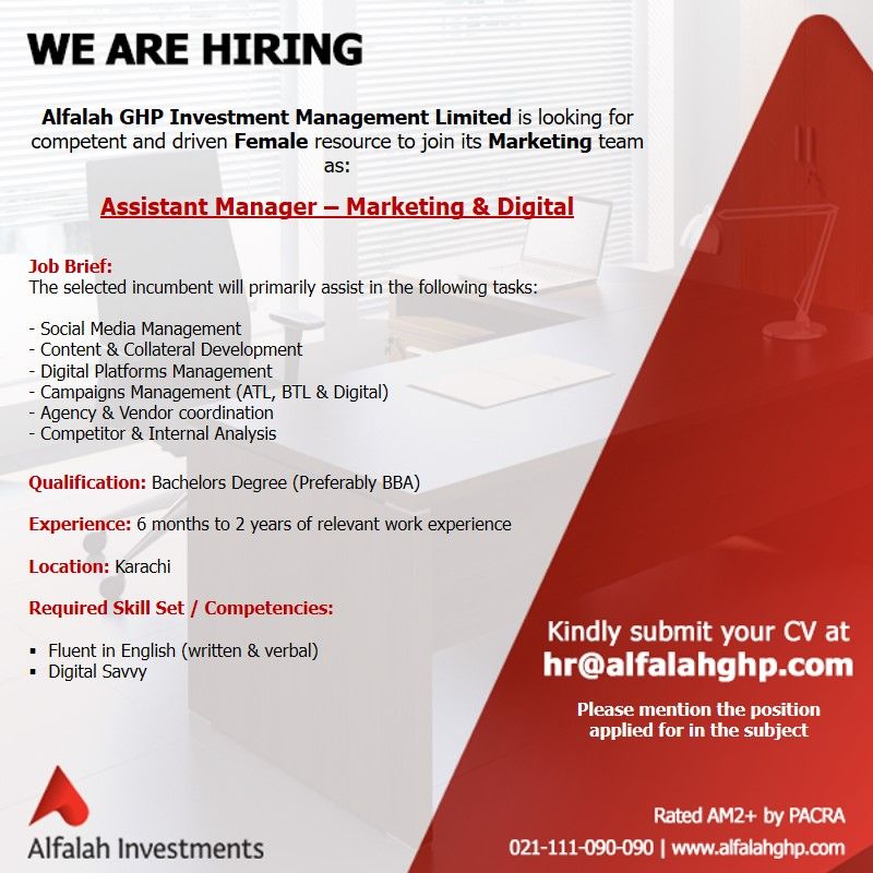 Alfalah GHP Investment Management Ltd Jobs Assistant Manager-Marketing & Digital