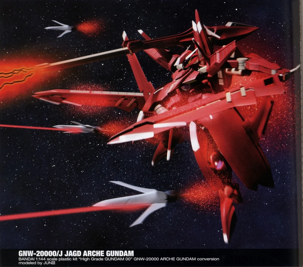 “Imagen del GNW-20000/J Jagd Arche Gundam, una variante especial del GNW-20000 Arche Gundam, conocida por su formidable capacidad de combate y su diseño único en la serie Mobile Suit Gundam 00.”