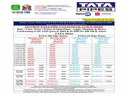 Tata GI & MS Pipes Price List Free PDF Download