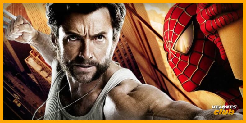 A imagem mostra o personagem Wolverine com suas garras e ao lado o personagem Homem Aranha na parede