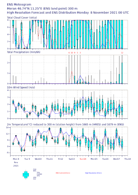 ECMWF- previsione della nuvolosità, precipitazione, vento e temperatura sul punto di griglia di Merano per i prossimi 10 giorni