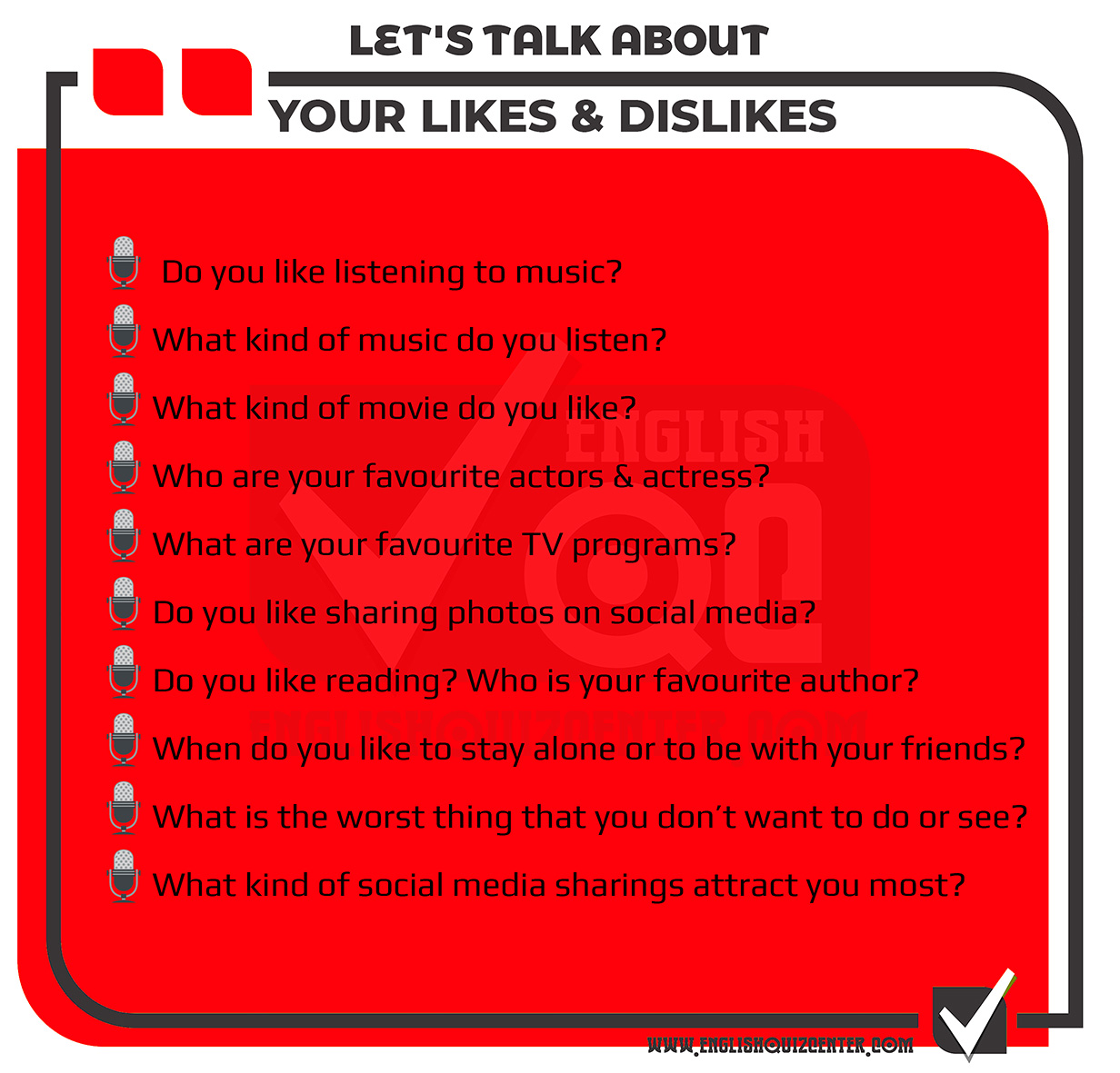 Talking about your likes and dislikes in English.  Speaking exams, speaking tests and topics, speaking activities and speaking tests for English teachers.